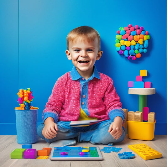 A colorful illustration of a happy autistic child sitting in front of a tablet, surrounded by interactive language learning tools, such as speech bubbles, puzzles, and virtual blocks, with a subtle background of a brain's neural connections.