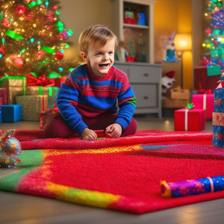 A festive holiday scene with unwrapped toys and gifts scattered around a colorful rug, featuring a delighted child in the center, surrounded by discarded wrapping paper and ribbons.