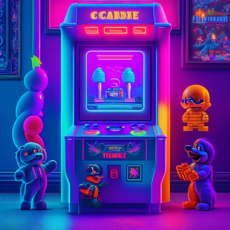 A stylized illustration of a retro arcade cabinet surrounded by iconic characters from classic platformer games, with pixel art elements, vibrant neon colors, and a subtle gradient effect.