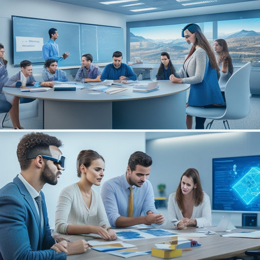 A futuristic classroom with diverse students engaged in various activities: one using a VR headset, another working on a digital whiteboard, and a group collaborating on a interactive puzzle.