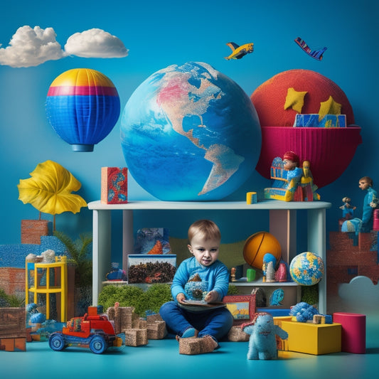 A colorful, whimsical scene featuring a child surrounded by various toys and educational materials, including building blocks, puzzles, a microscope, and a globe, amidst a subtle background of leaves and clouds.