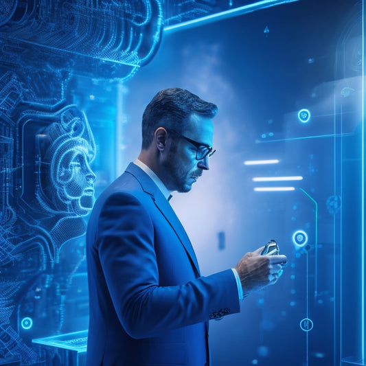 A futuristic, sleek, and minimalist 3D illustration of a customer surrounded by swirling, interconnected gears, puzzle pieces, and digital threads, amidst a background of gradient blue hues and subtle circuit patterns.