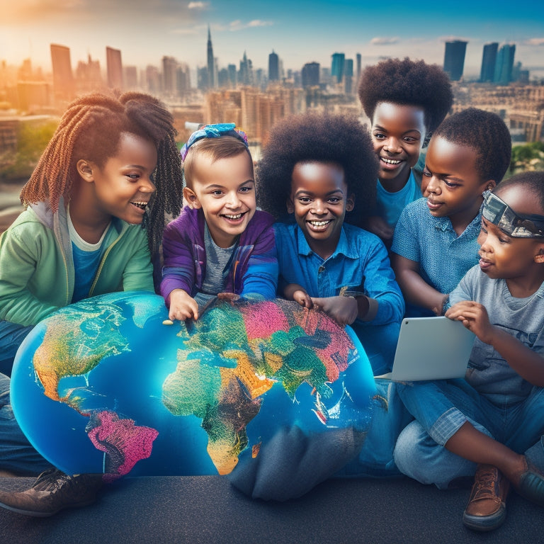 A vibrant illustration of a diverse group of happy children sitting in a circle, surrounded by laptops and tablets, with a cityscape or global map in the background, symbolizing global connectivity.