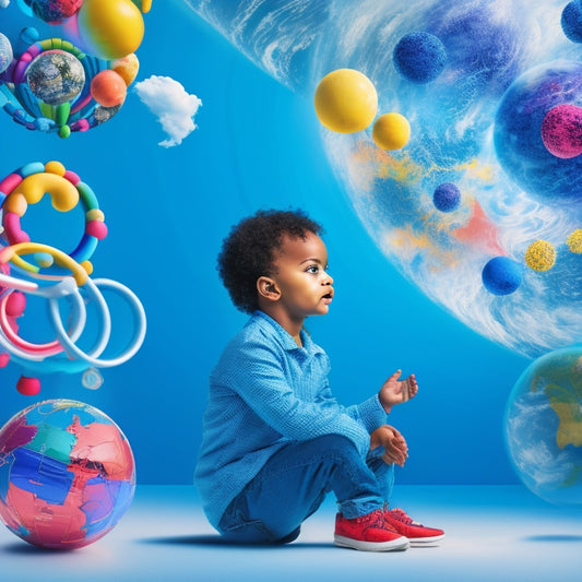 An illustration of a curious child surrounded by a swirling vortex of colorful math symbols, globes, and puzzle pieces, set against a bright blue background with fluffy white clouds.