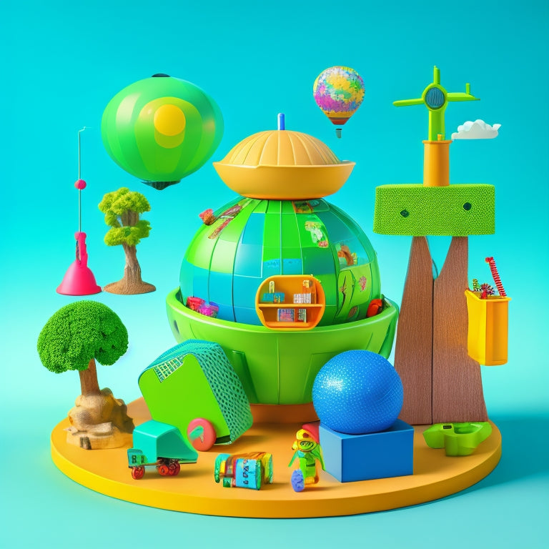 A whimsical illustration of a bright green globe surrounded by colorful, eco-friendly educational toys, including a windmill-powered robot, a solar-paneled abacus, and a 3D-printed recycling sorter.