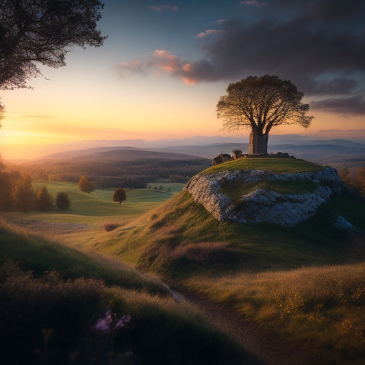 A whimsical, medieval-inspired landscape with rolling hills, ancient trees, and mystical ruins, set against a vibrant, sunset-lit sky with wispy clouds and a few scattered, glowing runes.