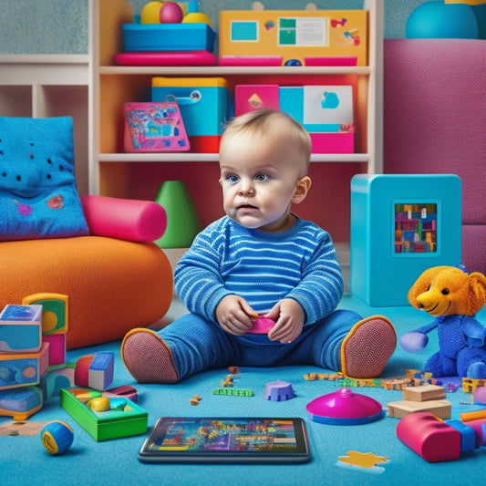 A colorful illustration of a toddler sitting on a floor surrounded by various learning toys and games, with building blocks, puzzles, and a tablet with educational apps in the background.