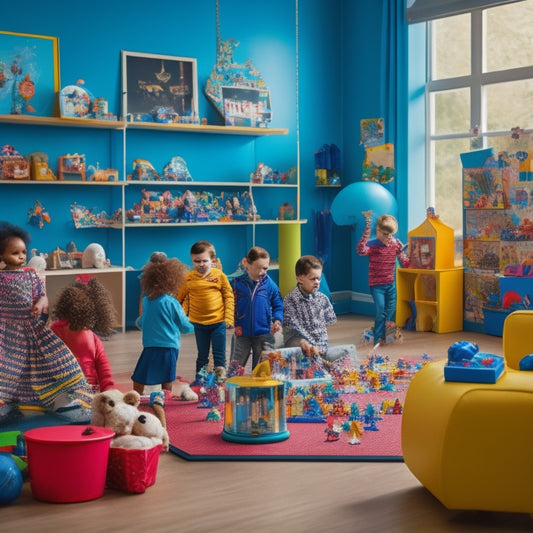 A colorful, clutter-free playroom with a mix of futuristic and traditional toys, featuring a shelf of trophies and medals in the background, surrounded by happy, diverse children engaged in playful learning activities.