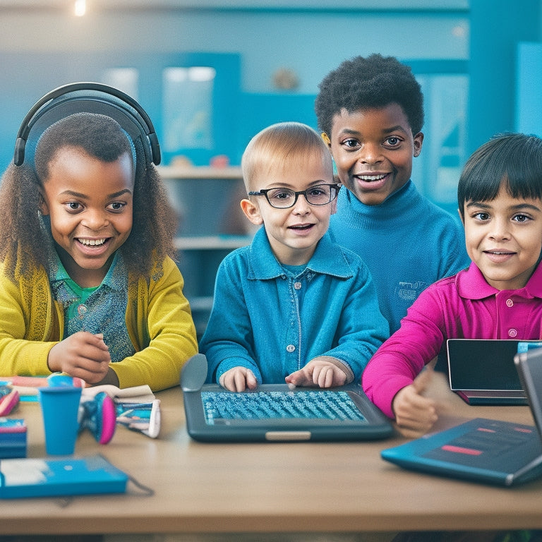 A colorful illustration of diverse children with special needs engaging with various assistive technologies, such as tablets, headphones, and adaptive keyboards, in an inclusive and supportive classroom environment.