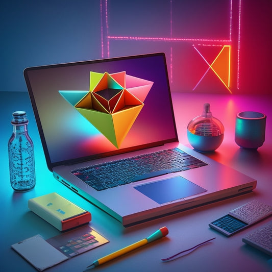 A colorful, minimalist illustration of a laptop surrounded by math-related objects (protractor, compass, calculator, and geometric shapes) with subtle digital elements (glowing circuits, faint pixels) in the background.