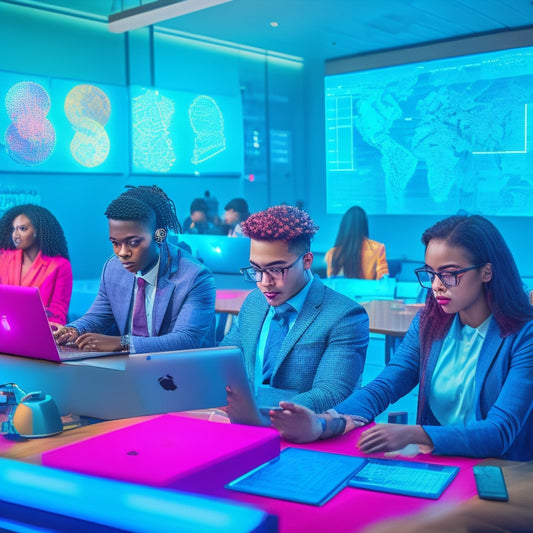 A colorful, futuristic classroom with diverse students engaged on laptops and tablets, surrounded by glowing brain icons, rising graphs, and floating digital badges, amidst a subtle circuit board background.