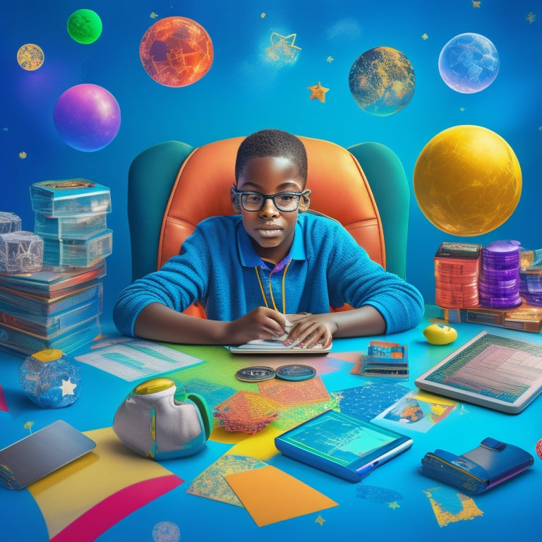 A colorful illustration of a 5th-grade student sitting at a desk, surrounded by laptops and tablets, with math problems and gaming elements (e.g. coins, stars, and badges) floating around them.