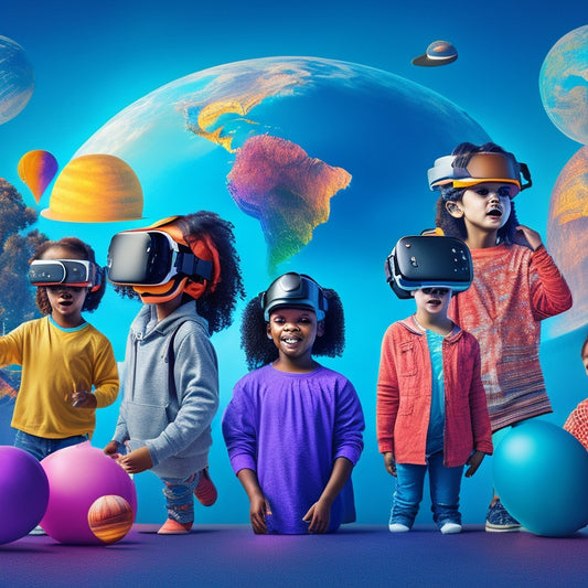A colorful illustration of diverse kids aged 6-12 wearing VR headsets, surrounded by floating 3D shapes, planets, and educational icons, with a subtle cityscape or classroom background.