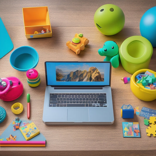 A colorful, clutter-free desktop with a laptop and tablet, surrounded by educational toys and props, featuring a smiling cartoon character peeking out from behind a puzzle piece.