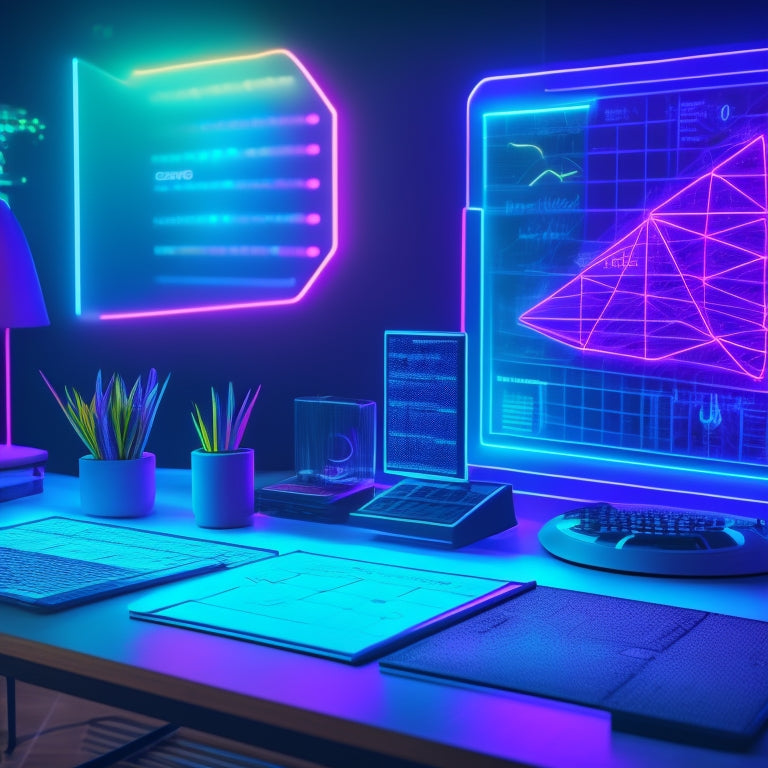 A futuristic, neon-lit virtual classroom with holographic math problems, a 3D graphing calculator, and a virtual whiteboard surrounded by orbiting shapes and formulas, with a subtle grid background.