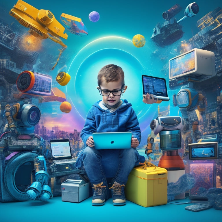 A colorful illustration of a curious child surrounded by floating smartphones, tablets, and laptops, with robotic arms, gears, and coding symbols swirling around in a futuristic, educational atmosphere.