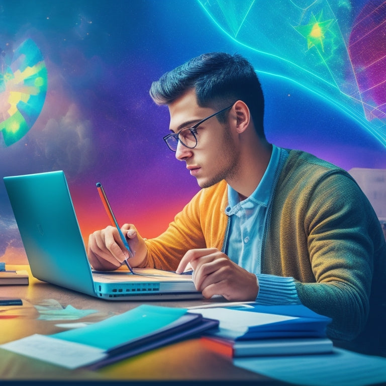 A colorful, futuristic illustration of a student sitting in front of a laptop, surrounded by floating worksheets, graphs, and charts, with digital pens and pencils orbiting around them.