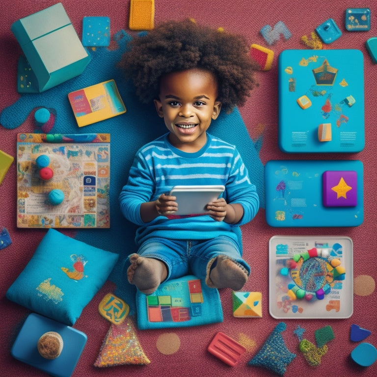 A colorful illustration of a happy child sitting on a carpet, surrounded by scattered tablets, each displaying a different educational app, with stylized icons and engaging graphics.