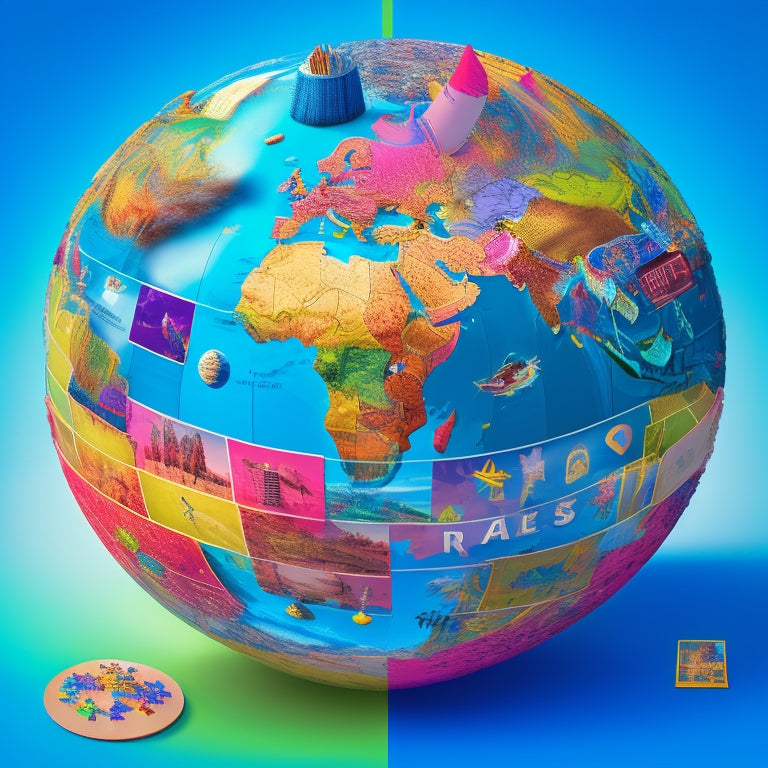 A colorful illustration of a puzzle pieces-filled globe surrounded by diverse digital devices, each displaying a different problem-solving activity, such as coding, brain teasers, and logic games.