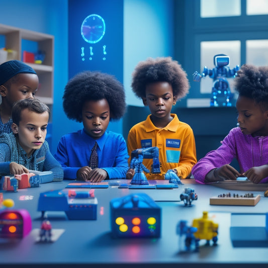 A colorful, futuristic desk scene featuring a diverse group of children aged 6-12, surrounded by coding robots, tablets, and math blocks, with robotic arms and coding symbols floating above.