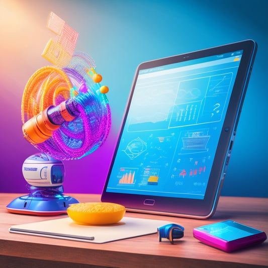 A colorful illustration featuring a robotic arm holding a tablet with a math equation on the screen, surrounded by swirling mathematical symbols, shapes, and icons of popular Android apps.