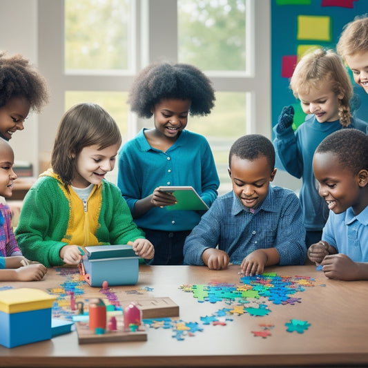 An illustration of a cheerful, diverse group of children with autism, each engaged with a tablet or laptop, surrounded by colorful math symbols, shapes, and puzzles, in a comforting, clutter-free classroom setting.