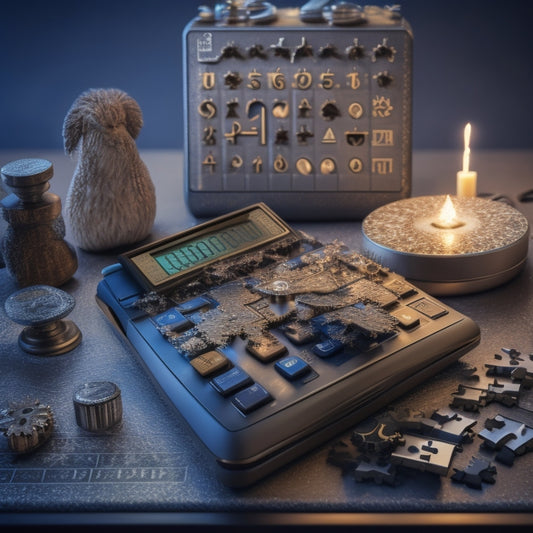 An arrangement of various puzzle pieces, gears, and mathematical symbols (e.g., π, ∞, ≠) surrounding a central, glowing calculator screen displaying a solved equation.