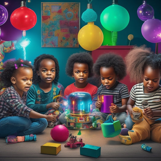 A colorful illustration featuring a diverse group of curious children surrounded by innovative toys, puzzles, and gadgets, with thought bubbles filled with lightbulbs and sparks.