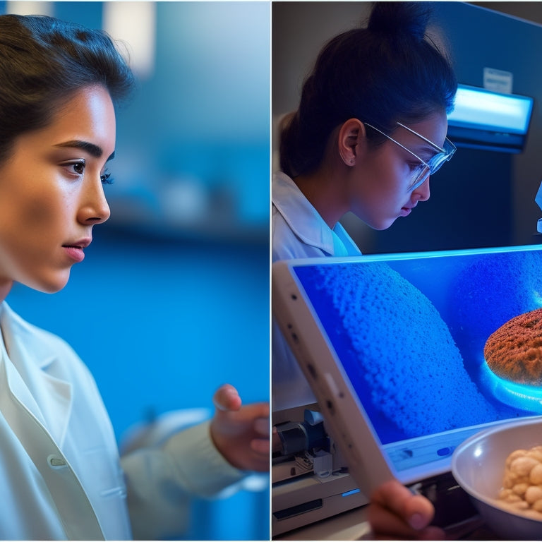 A split-screen image featuring a high school student wearing a lab coat, peering through a microscope on one side, and a digital tablet displaying a 3D simulation of cells dividing on the other.