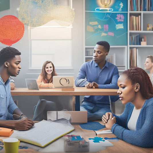 An illustration of a virtual classroom with diverse students connected by thought bubbles, surrounded by puzzle pieces, gears, and lightbulbs, symbolizing critical thinking and online learning.