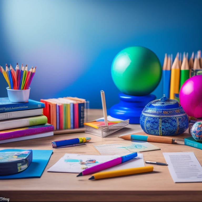 A colorful, organized desk with a stack of worksheets, pencils, and a cup of colorful pens, surrounded by open textbooks and a globe, with a subtle background of a chalkboard or a corkboard.
