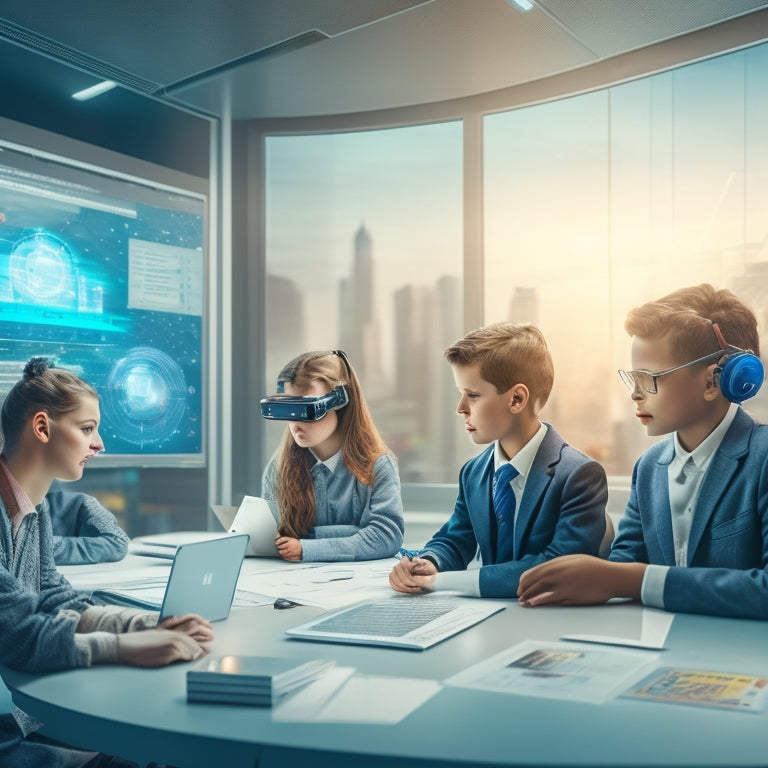 A futuristic classroom with holographic math problems swirling around students, who wear VR headsets and hold tablets, surrounded by robotic assistants and a cityscape outside the window.