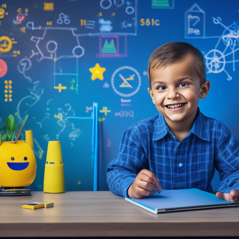 A colorful illustration of a smiling child sitting in front of a laptop, surrounded by math problems and coding symbols on a chalkboard, with robotic and geometric shapes in the background.