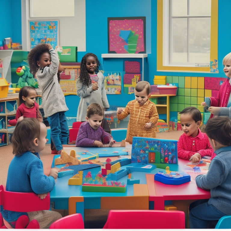 A colorful illustration of a kindergarten classroom with a teacher's desk, tables with blocks and toys, and a wall with a large number line, surrounded by smiling children engaged in math activities.
