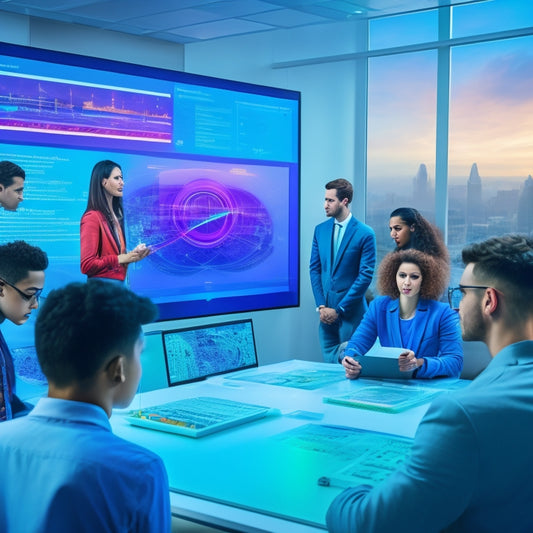 A colorful, futuristic classroom with a large, transparent touchscreen displaying a 3D graph, surrounded by diverse students collaborating and using tablets, with a subtle cityscape background.