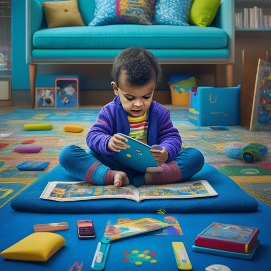 A colorful illustration of a kindergarten-aged child sitting on a carpet, surrounded by tablets and e-readers, with interactive reading apps open, featuring animated characters, books, and learning tools.