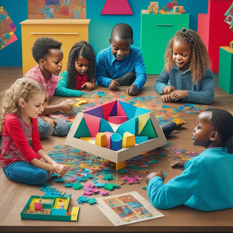 A colorful, whimsical illustration of diverse kids gathered around a large, puzzle-piece-shaped table, surrounded by geometric shapes, math symbols, and playful game pieces, with thought bubbles above their heads.