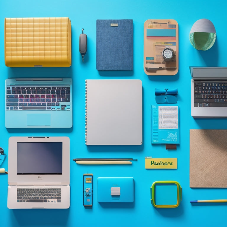 A serene, organized digital workspace with a laptop, tablet, and headphones, surrounded by colorful folders, pens, and a few favorite toys, set against a calming blue background with subtle grid lines.