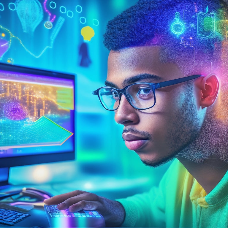A colorful illustration depicting a student in front of a computer, surrounded by floating icons of puzzles, charts, and diagrams, with sparks and lightbulbs above their head, amidst a subtle background of coding lines and digital circuits.