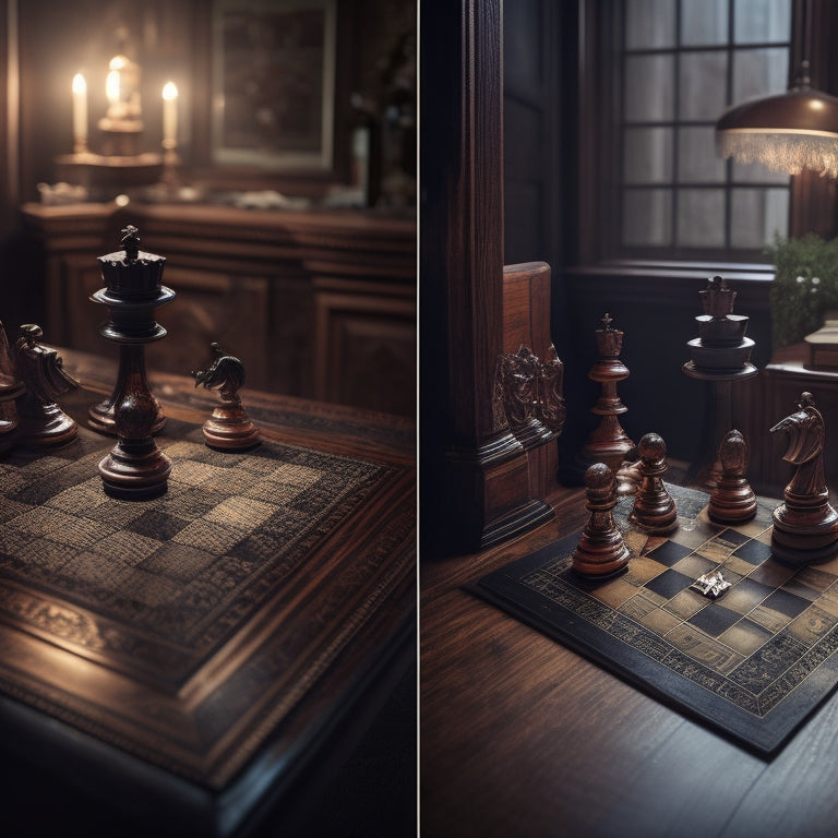 A split-screen image featuring a chessboard with intricately carved wooden pieces on one side and a puzzle-filled, dimly lit detective's office on the other, with a faint magnifying glass hovering above.