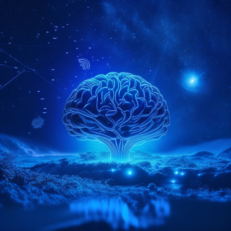 A futuristic, minimalist illustration of a brain with glowing blue circuits, surrounded by orbiting gears and sparks, set against a dark blue starry night sky with subtle, swirling aurora borealis patterns.