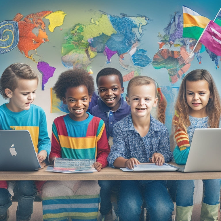 A colorful illustration of diverse kids (ages 6-12) from different countries, surrounded by laptops and tablets, engaged in online language learning activities, with speech bubbles and flags from various nations.