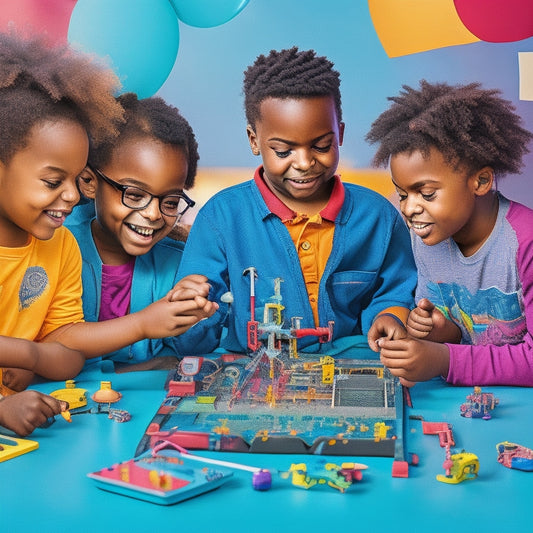 A colorful illustration of diverse kids (ages 6-12) gathered around an interactive STEM tool, surrounded by gears, robots, and coding screens, with excited expressions and hands-on engagement.