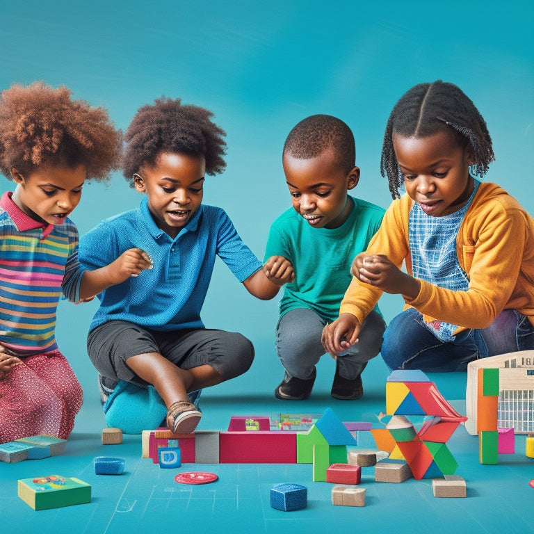 A bright, colorful illustration of diverse children playing math-based games, such as a boy building blocks with numbers on them, a girl tossing a ball with a math problem on it, and others playing with geometric shapes.