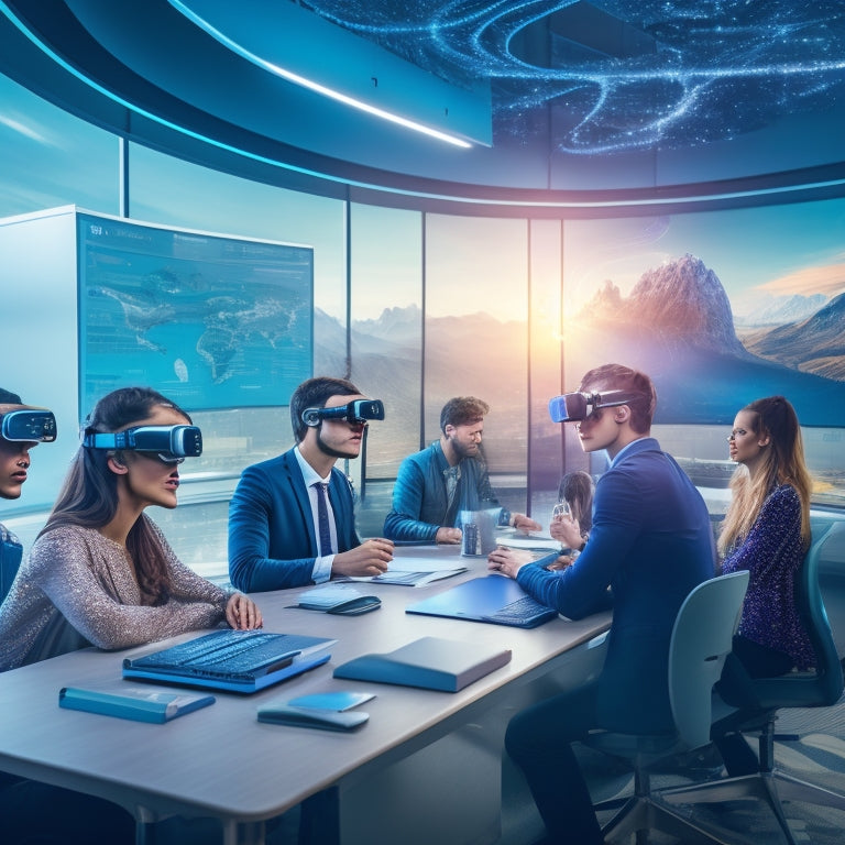 A futuristic classroom with students wearing VR headsets, surrounded by swirling virtual particles, 3D models, and interactive simulations, with a cityscape or futuristic landscape visible through the windows.