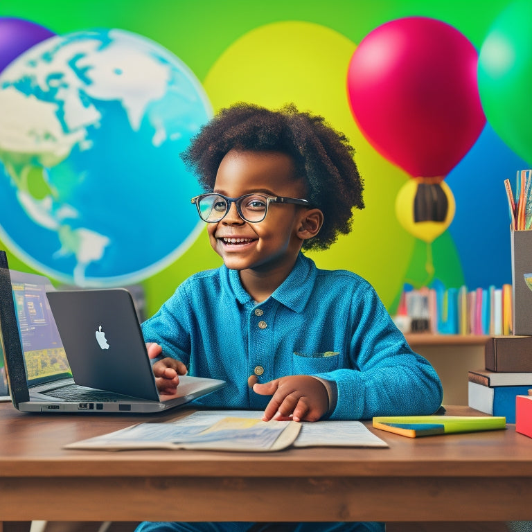 A colorful illustration of a happy child sitting in front of a laptop, surrounded by virtual learning icons, with a globe and a bookshelf in the background, blending physical and digital learning environments.