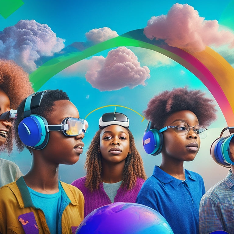 An illustration of a diverse group of K-12 students, each wearing VR headsets, surrounded by swirling clouds of colorful shapes and icons representing various subjects, with a subtle gradient of a classroom in the background.
