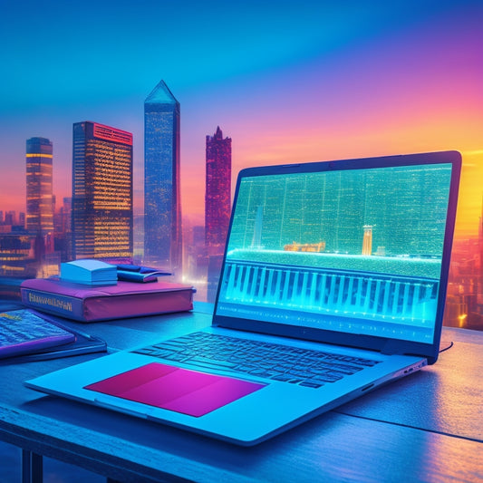 A futuristic, minimalist illustration depicting a laptop with a glowing screen displaying a 3D calculus graph, surrounded by scattered traditional textbooks and abandoned calculators, set against a blurred cityscape background.