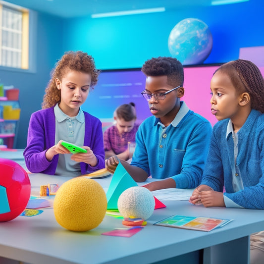 A colorful, futuristic classroom scene with diverse students engaged with interactive math tools on tablets and laptops, surrounded by virtual manipulatives, graphs, and 3D shapes floating in mid-air.