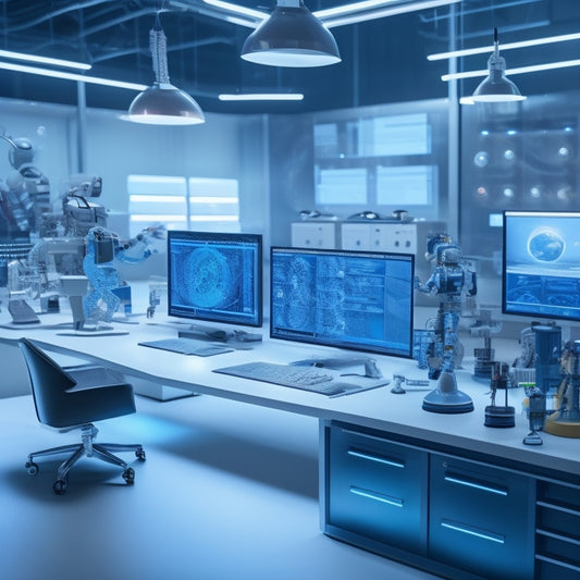 A futuristic laboratory setup with various virtual reality headsets, laptops, and tablets scattered across a sleek, silver workbench, surrounded by floating 3D models of molecules, robots, and coding diagrams.